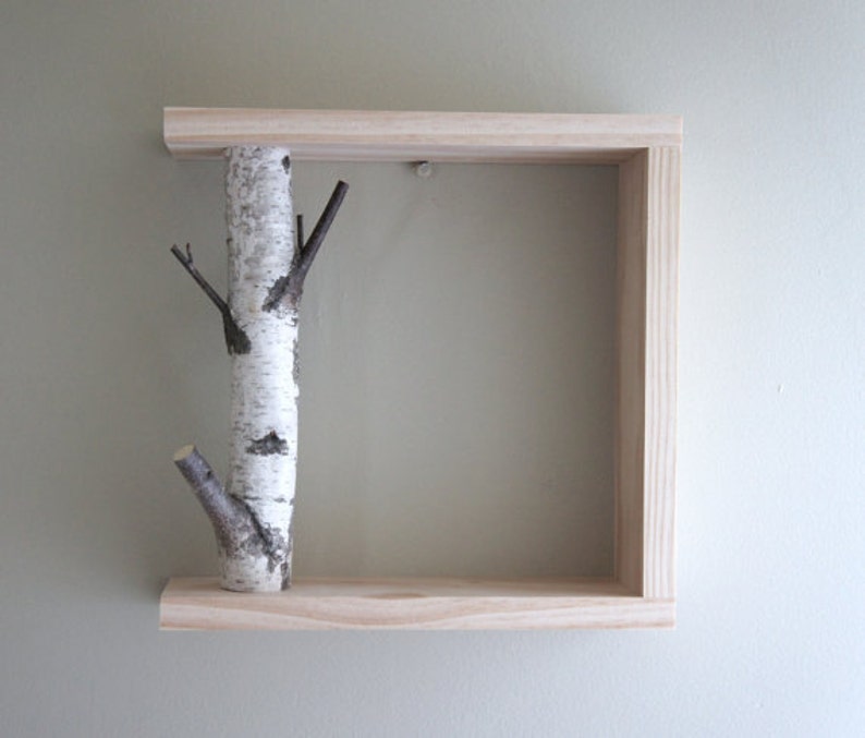 White Birch Forest Wall Art/Shelf 12x12, birch shelf, wooden shelf, framed birch art, floating shelves, display shelves, shadow box image 2