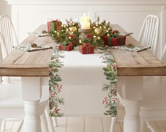 Rustic Christmas Table Runner Winterberry Pine Branch and Pine Cone Farmhouse Holiday Table Decor Winter Greenery Table Runner Dining Room