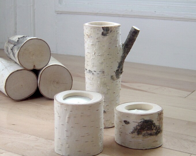 Natural White Birch Wood Candle Holders Set of 3 Etsy