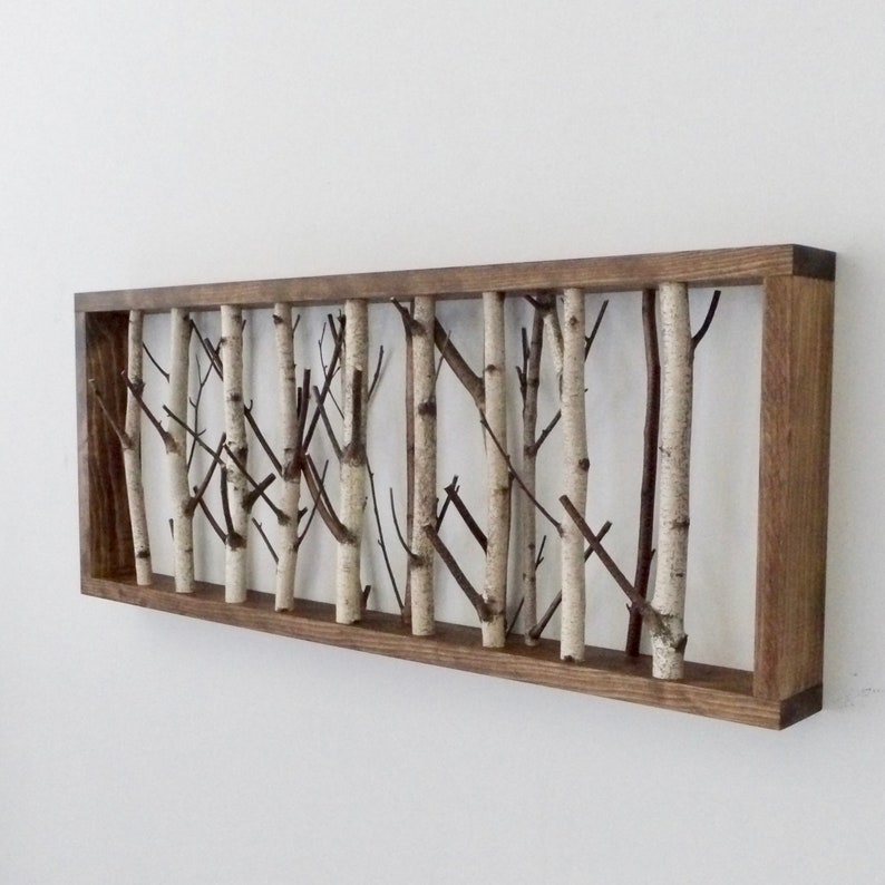 arte della parete della foresta di betulla bianca 30 x 12, arredamento del ramo di betulla, tronco di betulla, decorazione da parete, arredamento da parete rustico moderno, arte della betulla incorniciata immagine 2