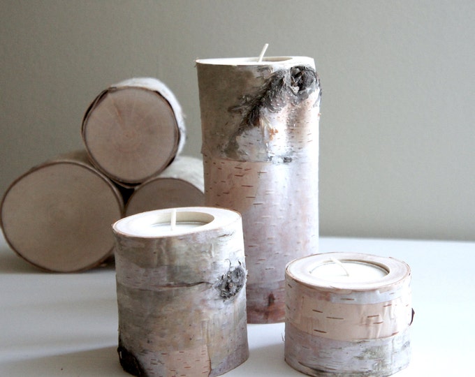 Natural White Birch Wood Candle Holders Set of 3 Etsy