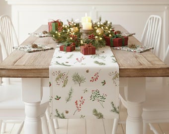 Winter Berries Christmas Table Runner Rustic Holiday Decor with Winterberry Pine Branch and Pine Cone Farmhouse Table Runner for Dining Room