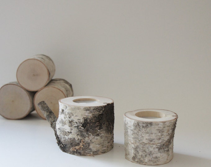 Sale Natural White Birch Wood Candle Holders Set of 2, Log Candle