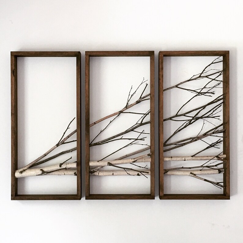White Birch Forest Wall Art Horizontal Branch Decor Log Hanging Modern Rustic Framed