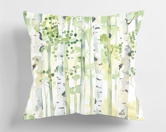 Summer Birch Forest Pillow - Watercolor Birch Pillow, Green Pillows, Rustic Woodland Pillow, Rustic Modern Decor, Forest Pillow