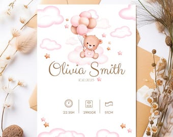 Digital Birth Announcement with Cute Bear | Editable Baby Stats Print | Pink Nursery Decor| Baby Girl Birth Announcement Printable