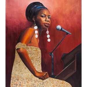 May include: A painting of a person with dark skin wearing a patterned dress and large white earrings. The person is seated near a microphone, with a red background. The person has a black head wrap.