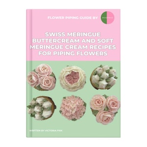 Może przedstawiać: Różowa i zielona okładka książki z tytułem "Flower Piping Guide By Boucle" i podtytułem "Swiss Meringue Buttercream and Soft Meringue Cream Recipes for Piping Flowers". Okładka zawiera zdjęcia babeczek ozdobionych różnymi wzorami kwiatów wykonanych za pomocą szprycy.