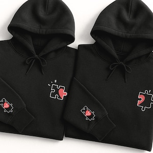 Custom Embroidered Couple Hoodie or Sweatshirt, Personalized With Name, Heart Puzzle With Initial, Matching Anniversary Gift For Him and Her