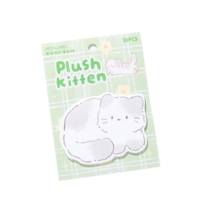 Puede incluir: Un paquete de 30 pegatinas de gatitos de peluche. Las pegatinas presentan un dise&ntilde;o de gato de estilo caricatura en blanco y gris, con las palabras "Plush Kitten" en verde. El fondo es un patr&oacute;n de cuadros verde claro.
