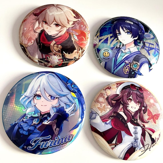 Genshin Impact Glitter Shining Large Buttons Pins 7.5cm 3in Hutao Kazuha Wanderer Furina Escoffier