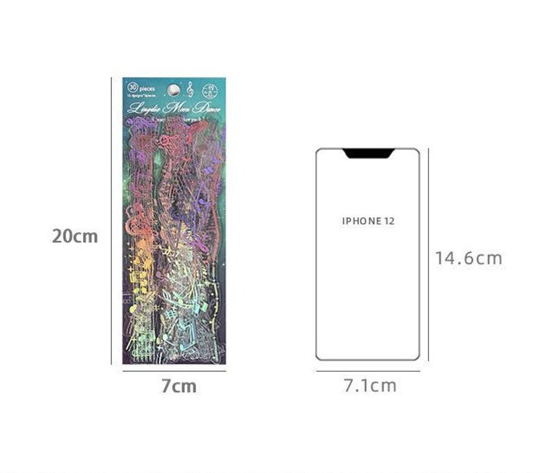 May include: A sheet of 30 iridescent stickers featuring musical notes and a rainbow color scheme. The sticker sheet measures 7 inches by 20 inches.