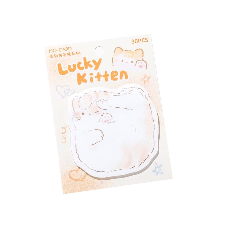 Puede incluir: Un paquete de 30 notas adhesivas con forma de gato. Las notas son blancas con un dise&ntilde;o de acuarela naranja claro y una linda ilustraci&oacute;n de gato. El paquete tiene las palabras "Lucky Kitten" en naranja y "cute" en letras peque&ntilde;as.