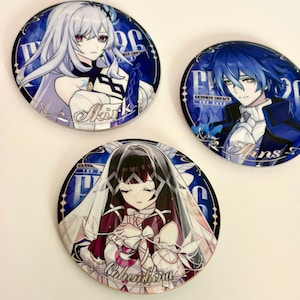 May include: Three circular pin-back buttons featuring anime-style character illustrations from Genshin Impact. The buttons display characters named Skirk, Ilins, and Columbina, each set against a blue background with the text Genshin Impact.