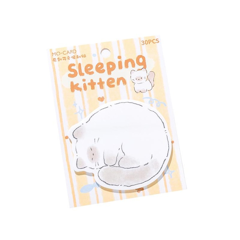 Puede incluir: Un paquete de 30 blocs de notas adhesivas con un dise&ntilde;o de gatito durmiendo. Las notas son blancas con un contorno gris claro. El embalaje tiene un fondo a rayas amarillas y blancas con las palabras "Sleeping kitten".