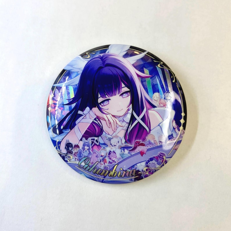 Genshin Impact Glitter Shining Large Buttons Pins 7.5 cm 3 in Hutao Kazuha Wanderer Furina Escoffier Columbina