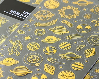 Gold Foil Shining Clear Transparent Vinyl Waterproof Stickers Stars Planets Galaxy Sticker Sheet