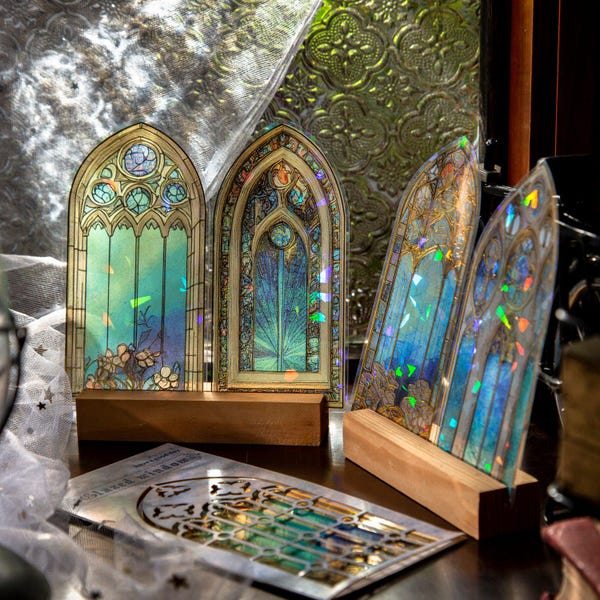 10 piezas de vidrieras brillantes de cristal para iglesias, mosaicos, ventanas, pegatinas góticas de fondo