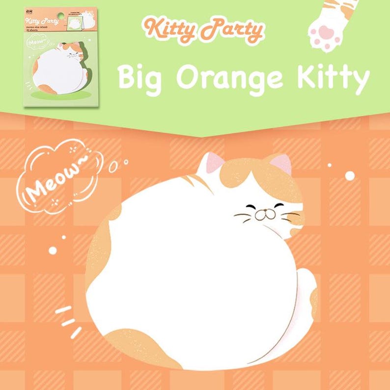 Puede incluir: Un gato de dibujos animados blanco y naranja con el texto "Kitty Party Big Orange Kitty" sobre un fondo naranja estampado. Un peque&ntilde;o bloc de notas con un dise&ntilde;o de gato est&aacute; en la esquina superior izquierda. Un bocadillo dice "Miau".