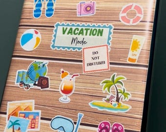 May include: A clear phone case with a wood grain design, adorned with vacation-themed stickers. Stickers include sunglasses, a sun, flip-flops, a camera, a suitcase, a life preserver, a beach ball, a globe, a cocktail, and the words "VACATION Mode" and "DO NOT DISTURB".