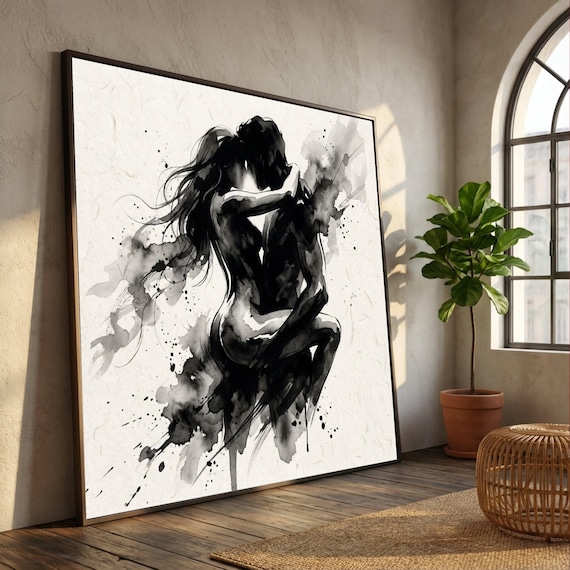Passionate Couple Embrace Art, Black Ink Style Canvas, Romantic Wall Art, Intimate Silhouette Decor, Modern Love Illustration