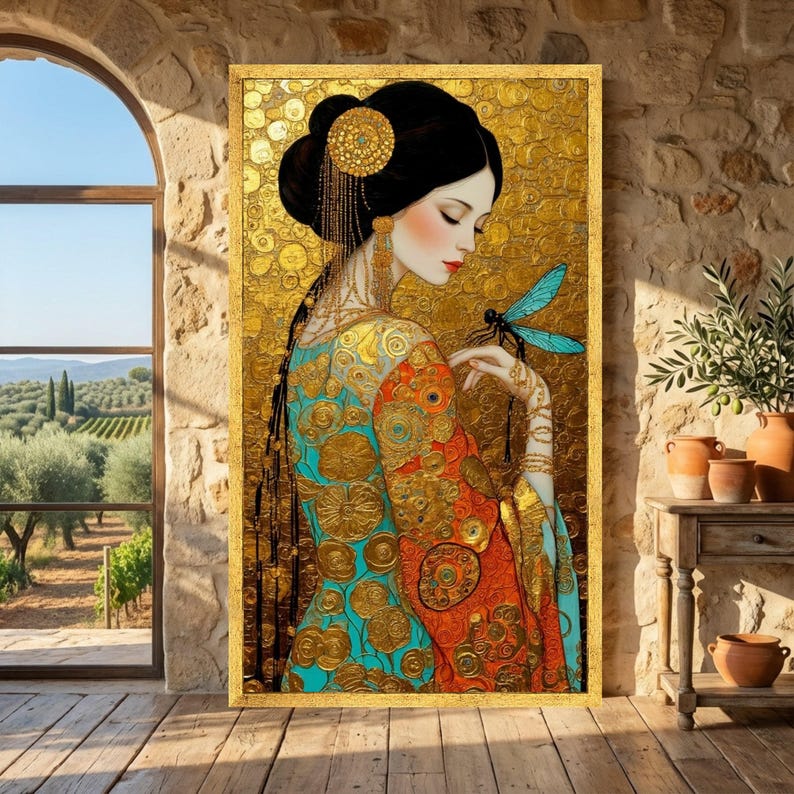 Gustav Klimt Elegant Woman With Dragonfly Canvas, Gold Floral Art, Art ...