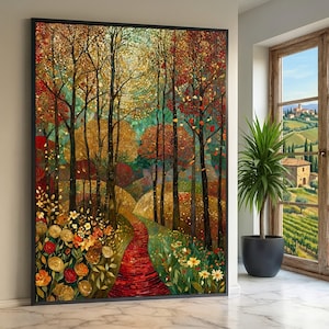 May include: A framed art print depicts a vibrant autumn forest scene. Tall trees with gold, red, and orange leaves line a red brick path. The artwork features a mosaic-like style with a warm color palette, creating a textured and detailed landscape.