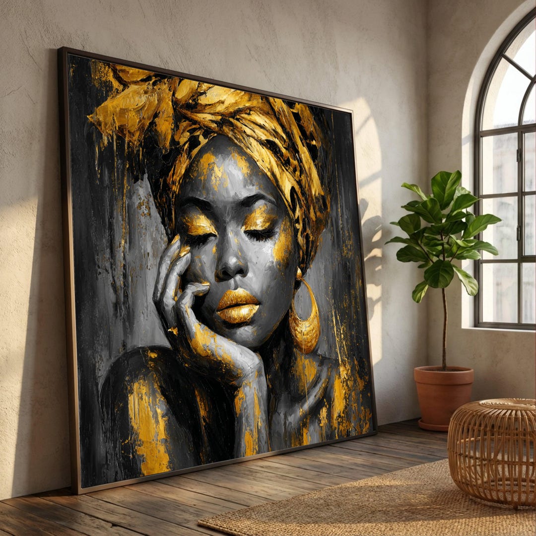 Elegant African Woman Painting, Gold and Black Canvas Wall Art, Modern ...