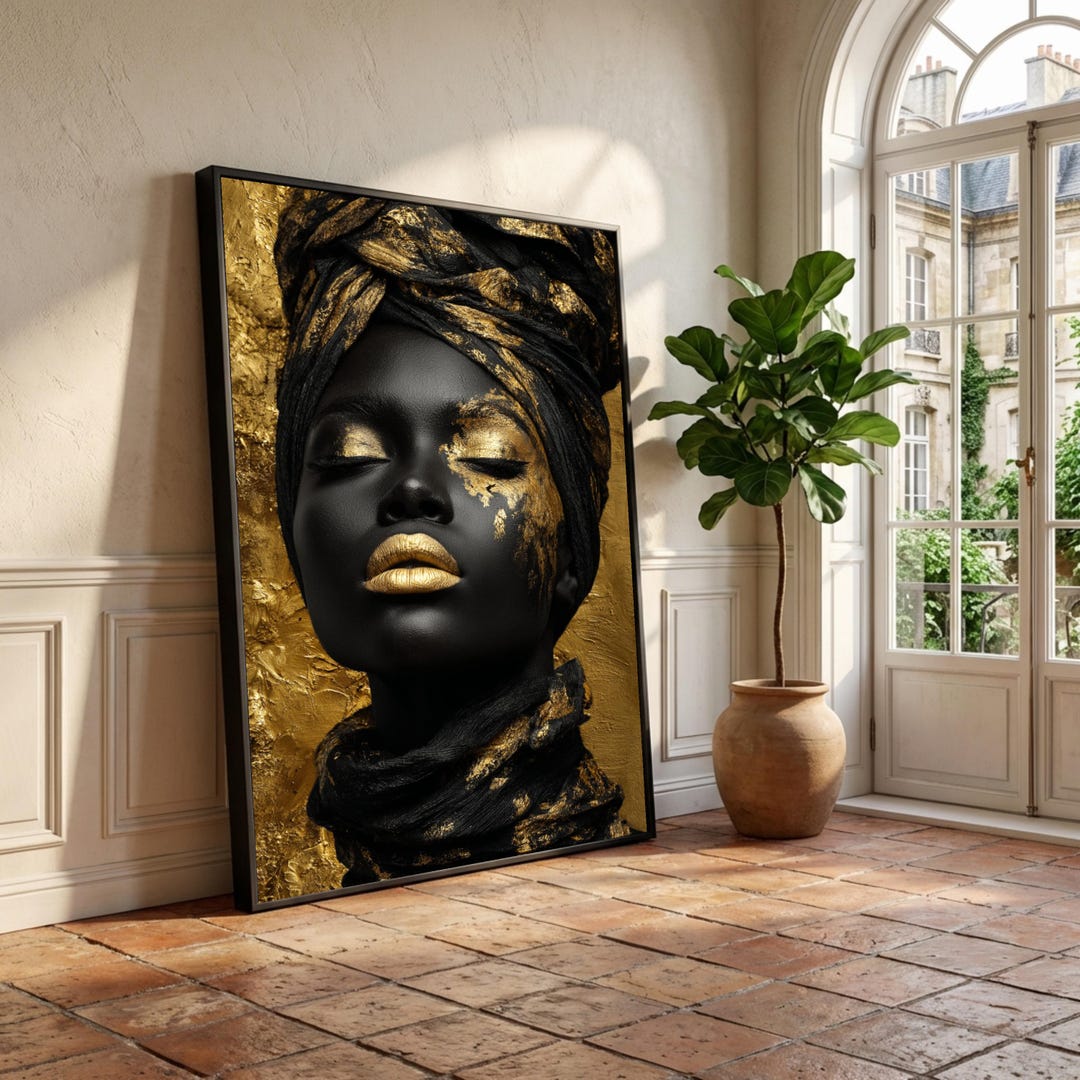 Elegant Black and Gold Portrait Canvas, Modern African Woman Wall Art ...