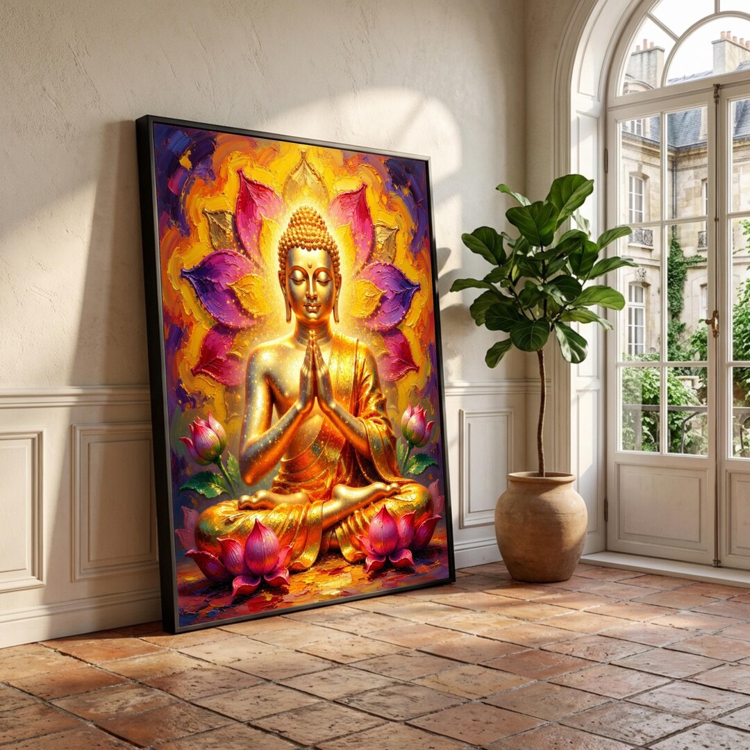 Golden Buddha Meditation Canvas, Spiritual Wall Art, Lotus Flower Decor ...