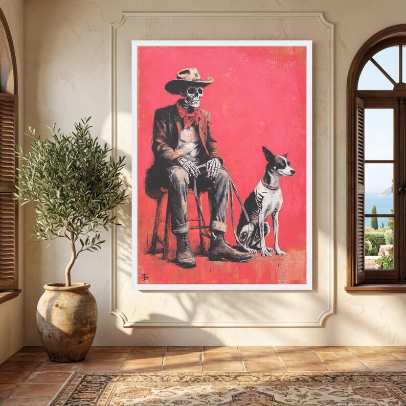 Skeleton Cowboy with Dog Canvas, Western Skeleton Art, Dark Humor Wall Art, Gothic Cowboy Canvas, Unique Home Decor, Ready to Hang image 4