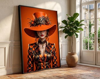 Può includere: Opera d'arte incorniciata raffigurante una donna in un abito di ispirazione steampunk. Indossa un cappello arancione ornato di ingranaggi e piume, una giacca fantasia e una collana girocollo con un ciondolo a forma di chiave. Lo sfondo è arancione vibrante.