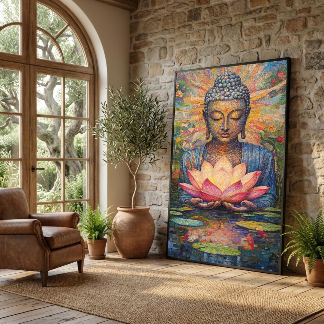 Colorful Buddha With Lotus Flower Canvas, Spiritual Meditation Wall Art ...