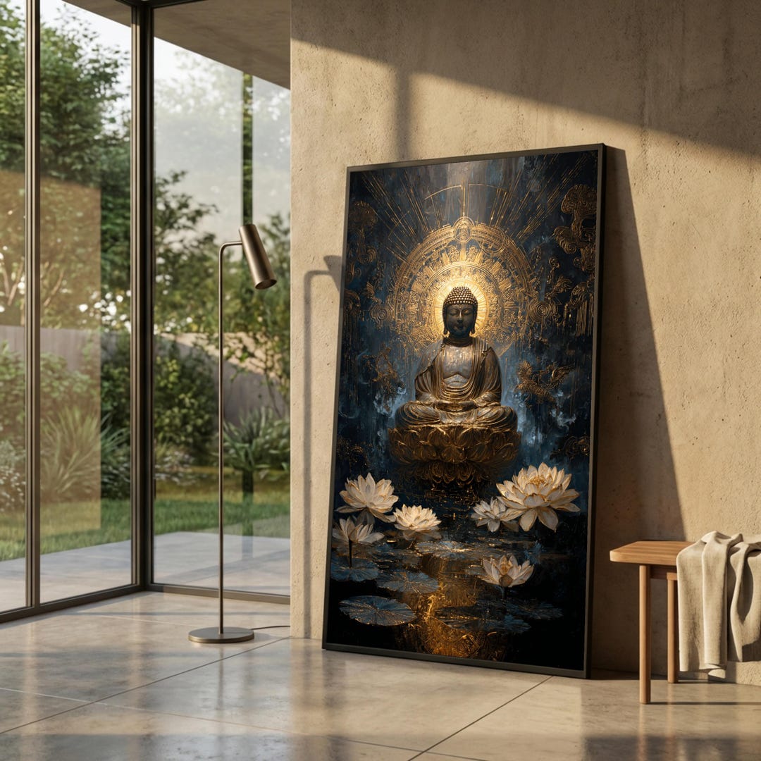 Golden Buddha Meditation Canvas, Spiritual Wall Art, Lotus Pond Scene ...