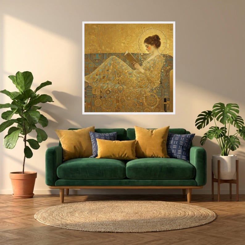 Gustav Klimt Style Reading Woman Canvas, Golden Art Nouveau Wall Art ...