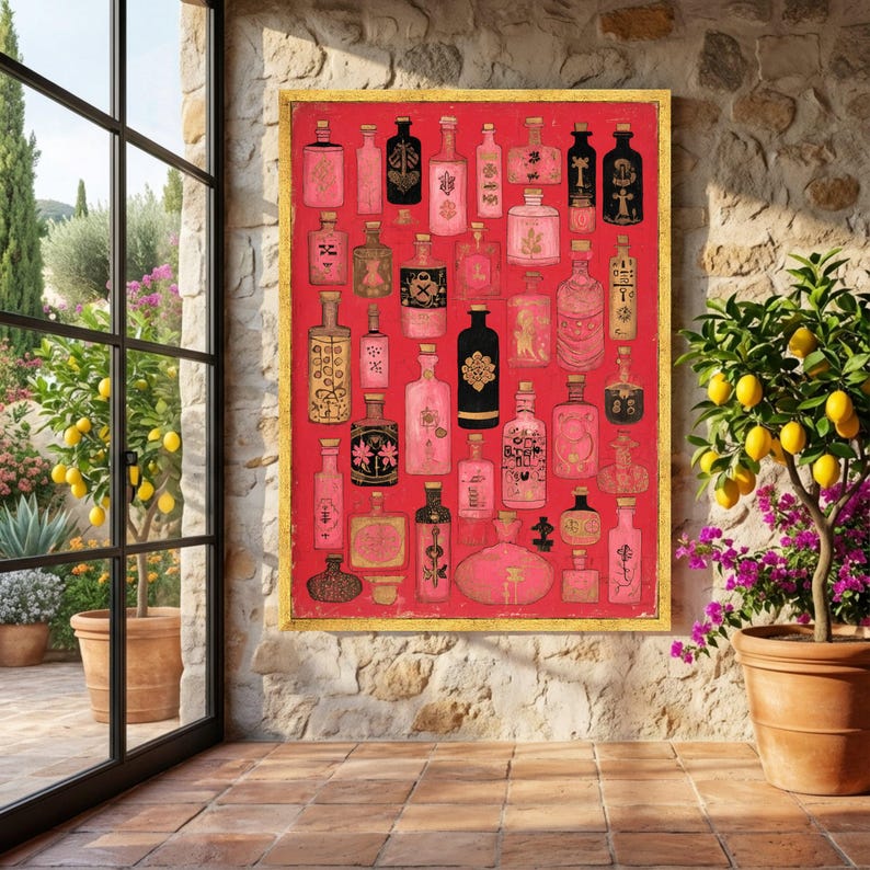 Vintage Apothecary Bottles Canvas, Pink Black Gold Bottle Art, Abstract Potion Vials Wall Decor, Retro Medical Illustration Canvas, Home image 3