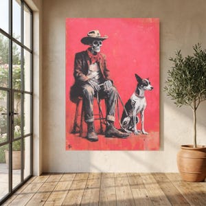 Skeleton Cowboy with Dog Canvas, Western Skeleton Art, Dark Humor Wall Art, Gothic Cowboy Canvas, Unique Home Decor, Ready to Hang image 6