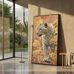 Lienzo de leopardo majestuoso con detalles florales dorados, arte mural de Gustav Klimt, ilustración decorativa de animales, decoración moderna de lienzo con motivos naturales.
