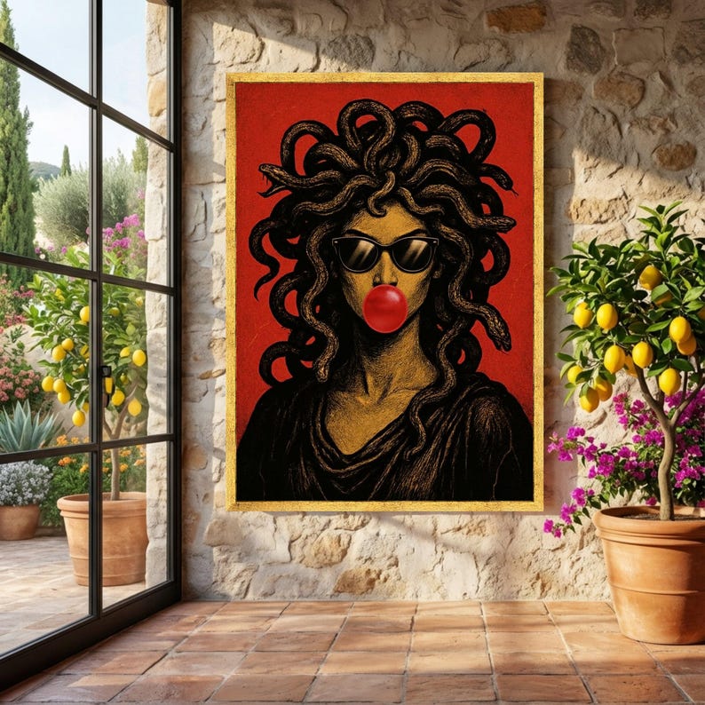 Modern Medusa Portrait Canvas, Mythology Wall Art, Snake Hair Woman, Pop Art Style Canvas, Bold Red Background Home Decor image 3