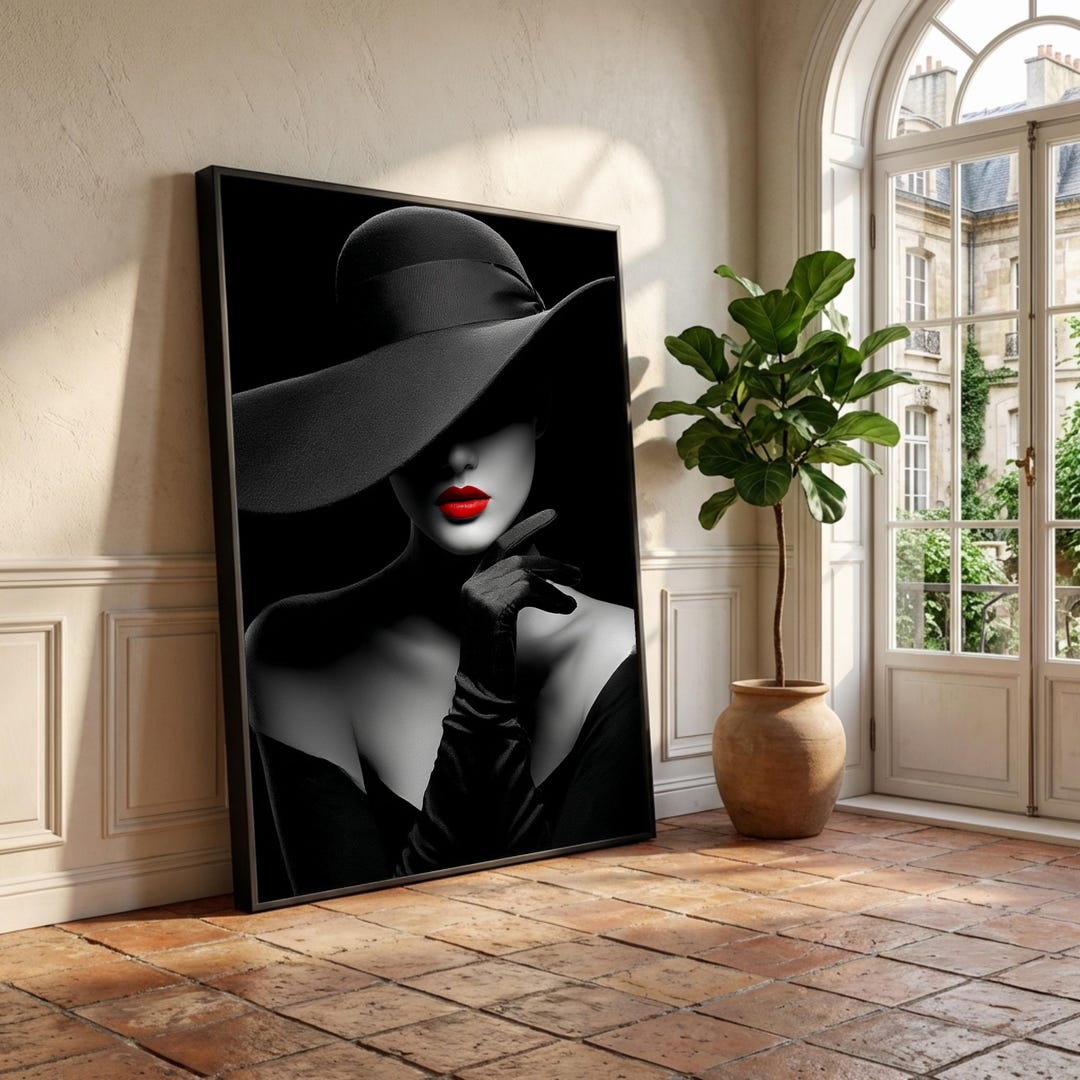 Elegant Woman in Black Hat Canvas, Glamour Portrait Wall Art, Red Lips ...