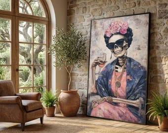 Skeleton Lady with Wine Glass Canvas Wall Art, Gothic Skull Portrait, Day of the Dead Decor, Floral Crown Skeleton Painting, Dark Art Canvas