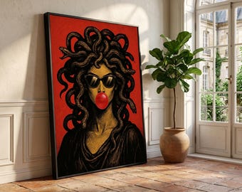 Modern Medusa Portrait Canvas, Mythology Wall Art, Snake Hair Woman, Pop Art Style Canvas, Bold Red Background Home Decor