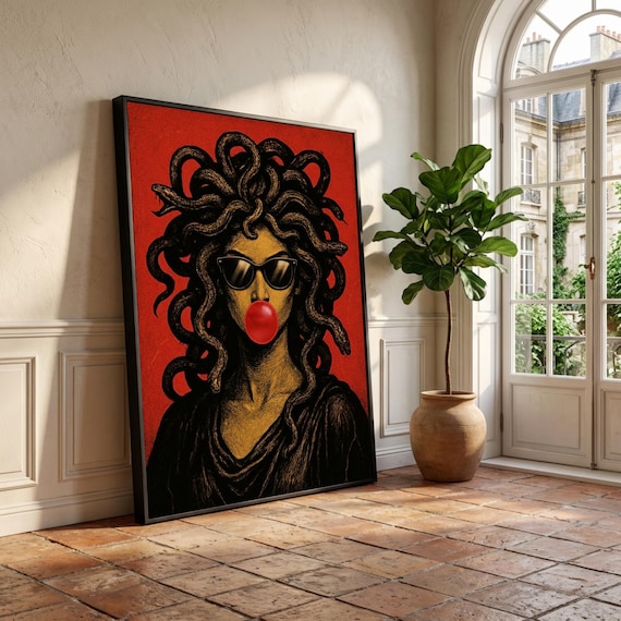 Modern Medusa Portrait Canvas, Mythology Wall Art, Snake Hair Woman, Pop Art Style Canvas, Bold Red Background Home Decor