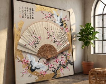 Elegant Oriental Fan Canvas Wall Art with Cherry Blossoms and Cranes, Asian Floral Decorative Painting, Traditional Calligraphy Canvas,