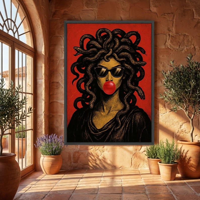 Modern Medusa Portrait Canvas, Mythology Wall Art, Snake Hair Woman, Pop Art Style Canvas, Bold Red Background Home Decor image 2