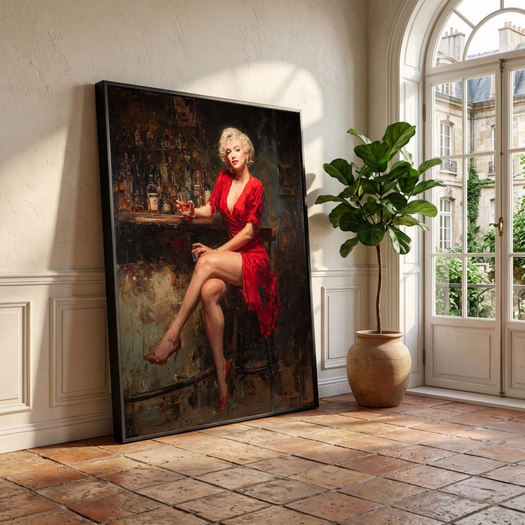 Glamorous Woman in Red Dress, Vintage Bar Scene Canvas, Elegant Lady ...