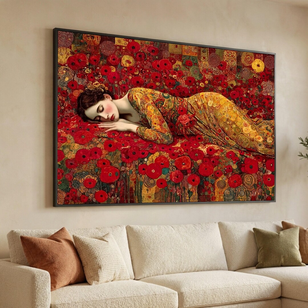 Gustav Klimt Sleeping Woman Canvas, Red Poppy Floral Wall Art ...