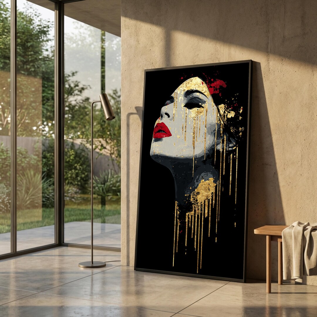 Elegant Woman Portrait Canvas, Gold Drip Art, Red Lips Wall Decor ...