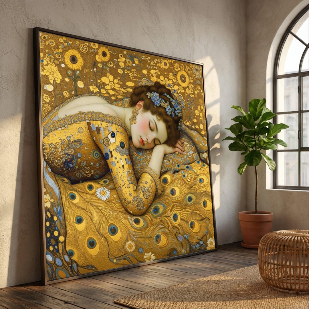 Gustav Klimt Sleeping Woman Canvas, Gold Floral Pattern Wall Art ...