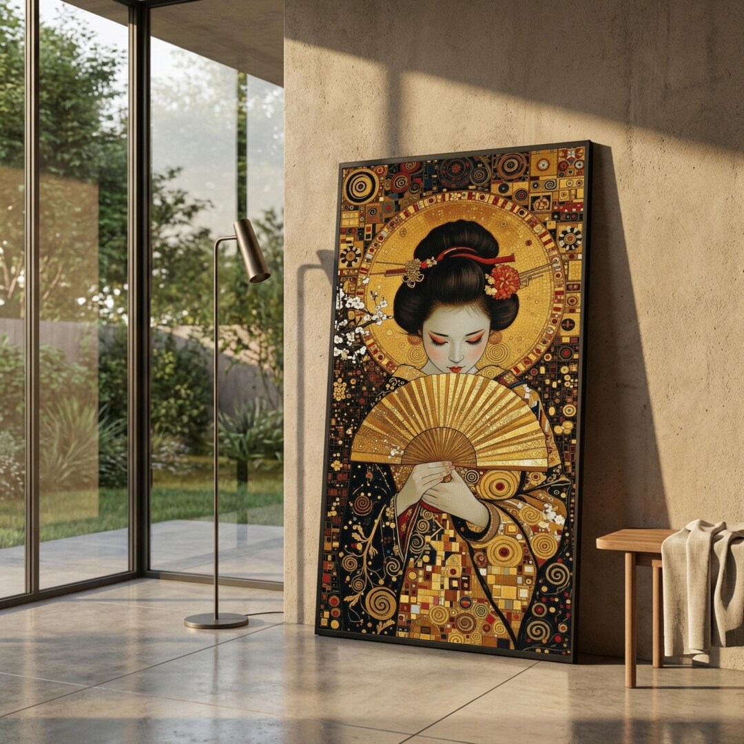 Elegant Geisha With Golden Fan Canvas, Gustav Klimt Asian Art Wall ...